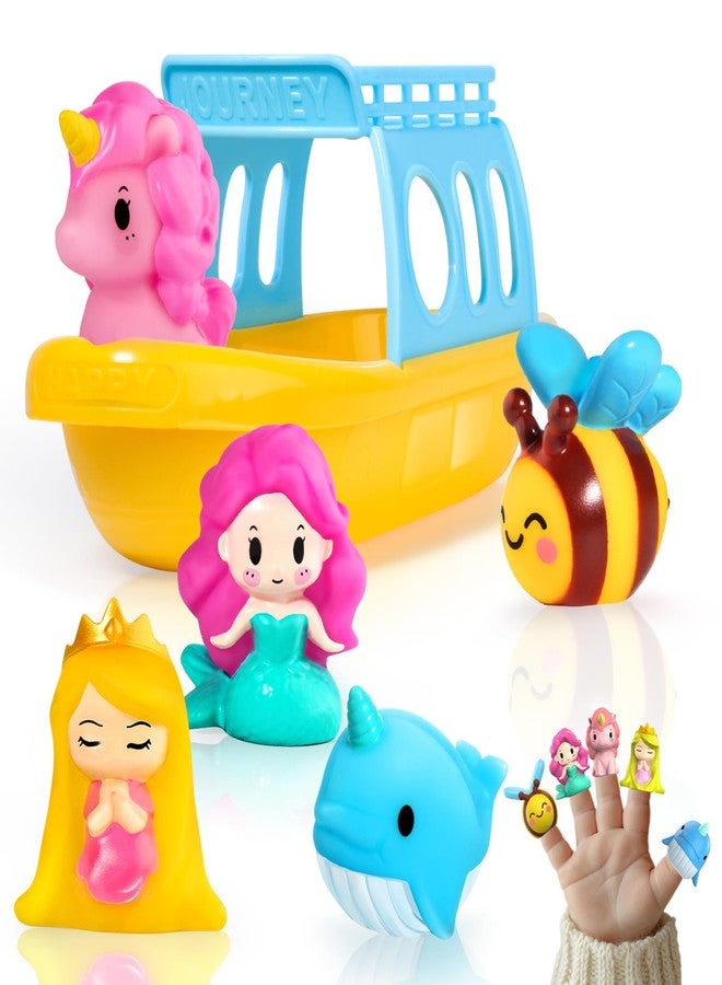 Oriate Mermaid Princess Finger Puppets Bath Toys(5 PCS) for Kids Toddlers 1-3 with Bath Boat, Baby Bathtub Shower Toys, Animal Whale Bee, Floating Water Beach Pool Toys - Image 1